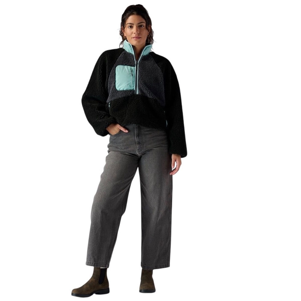 STOIC Sherpa Fleece Pullover L 1/2 Zip Gorpcore Crop Black Blue Colorblock NWT